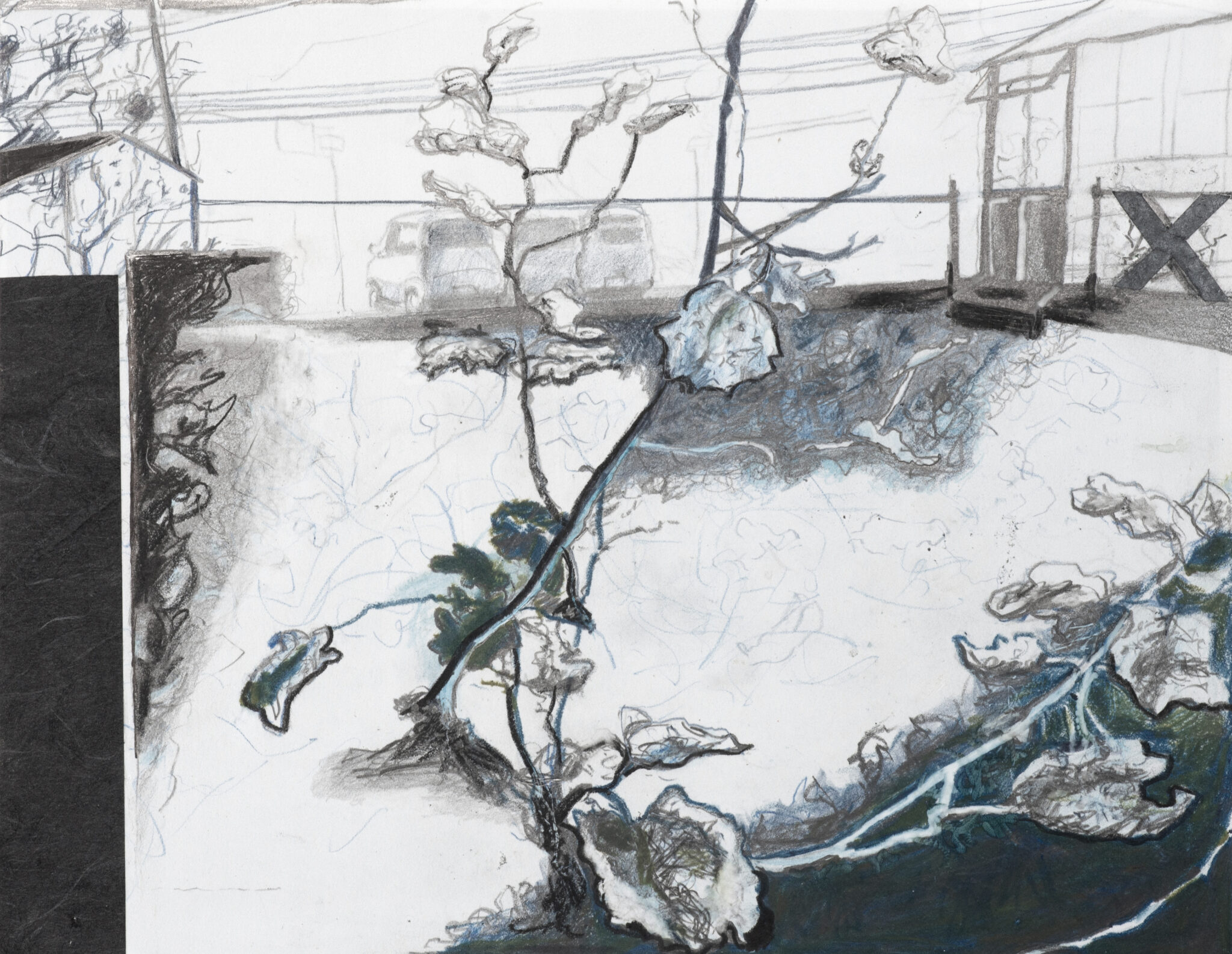JAPAN (colour) pencil on stone paper, collage15x20cm, 2024