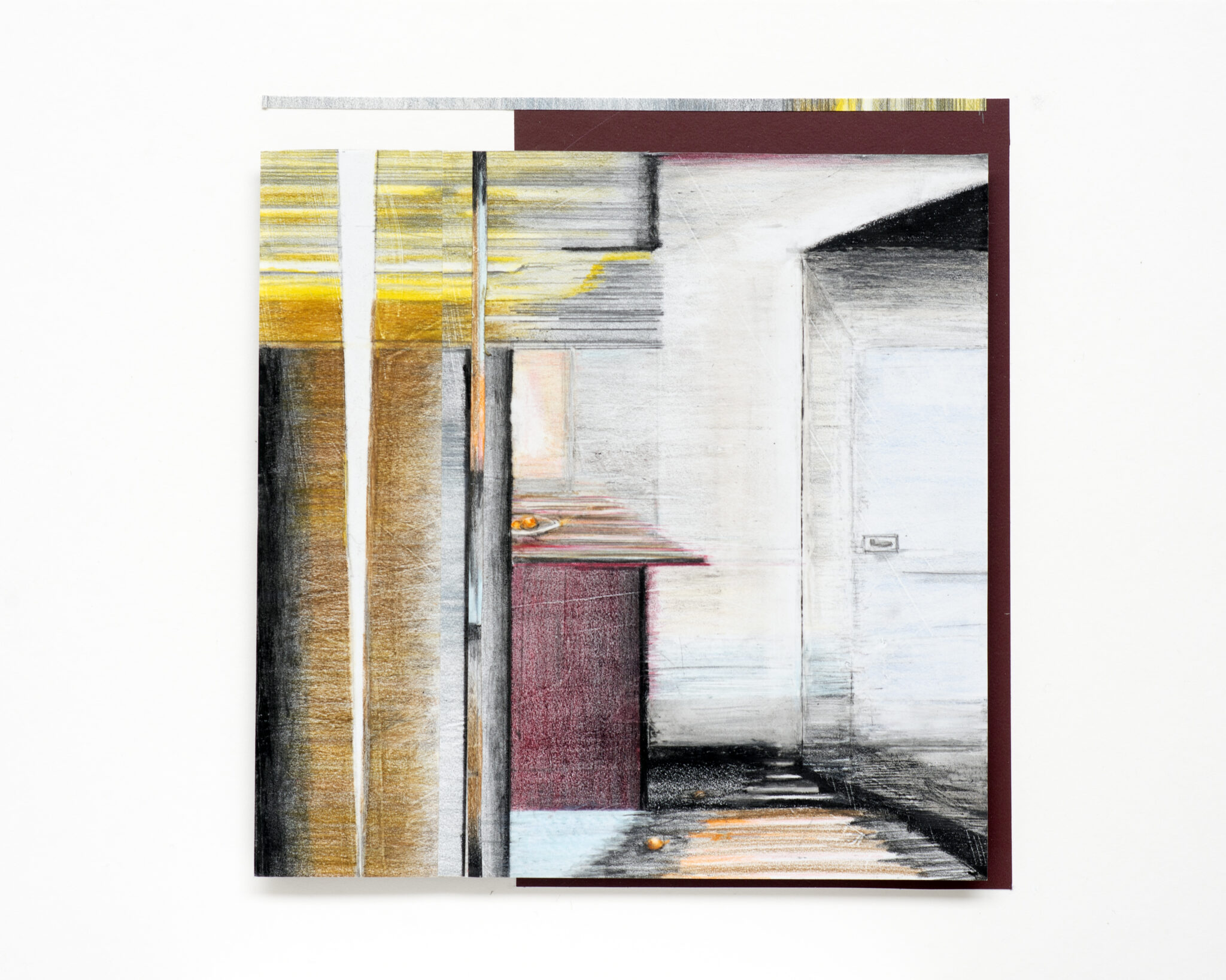 INDOOR LANDSCAPE 2, (colour)pencil on stonepaper on foam on board,collage,21x27 cm, 2026
